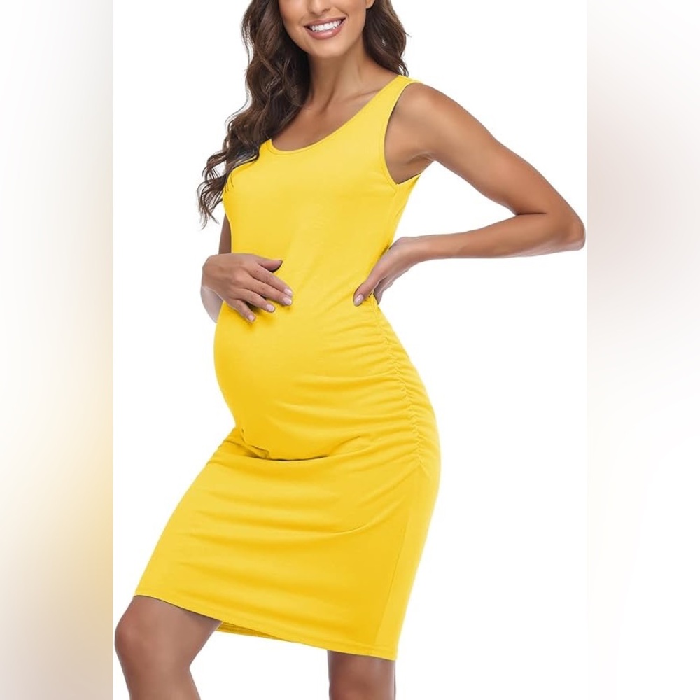 Amazon Maternity Sleeveless Side Ruching Bodycon Dress in Yellow